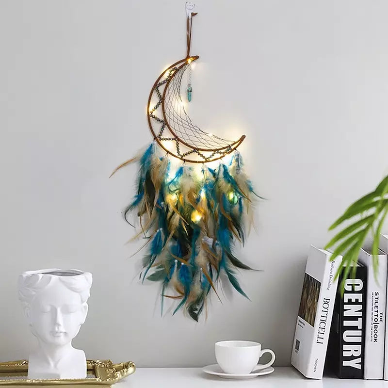 Attrape-rêves Avec Plumes Fait Main - Décoration Murale Lune, Rose Et Gris, 16 Cm De Diamètre, Pour Chambre Enfant